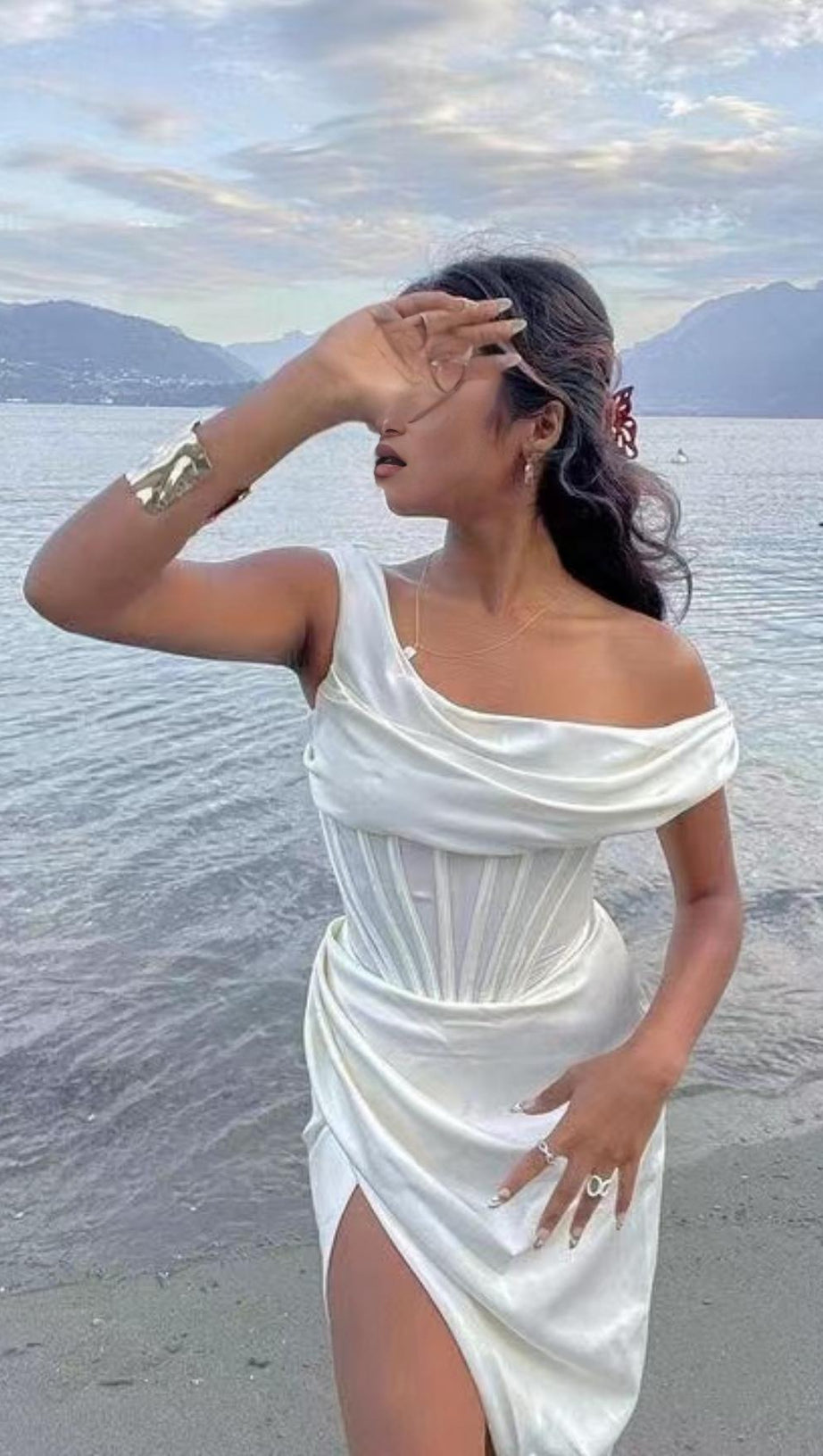 ABITO MIDI CON CORSETTO DRAPPEGGIATO AVORIO