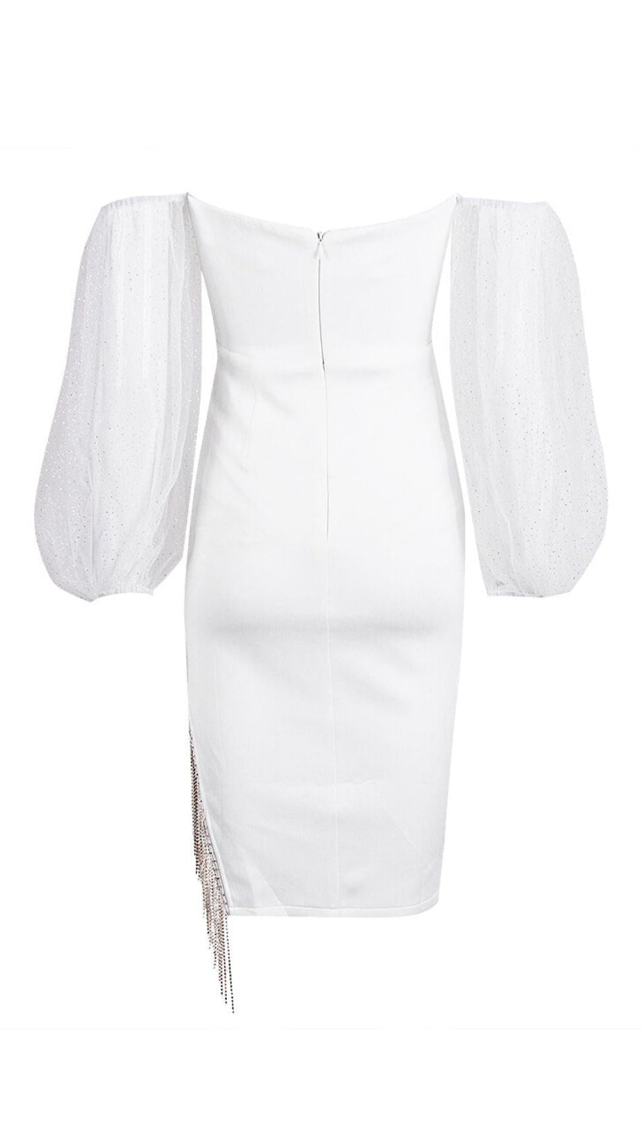STRAPLESS PUFF SLEEVE CRYSTAL MIDI DRESS IN WHITE
