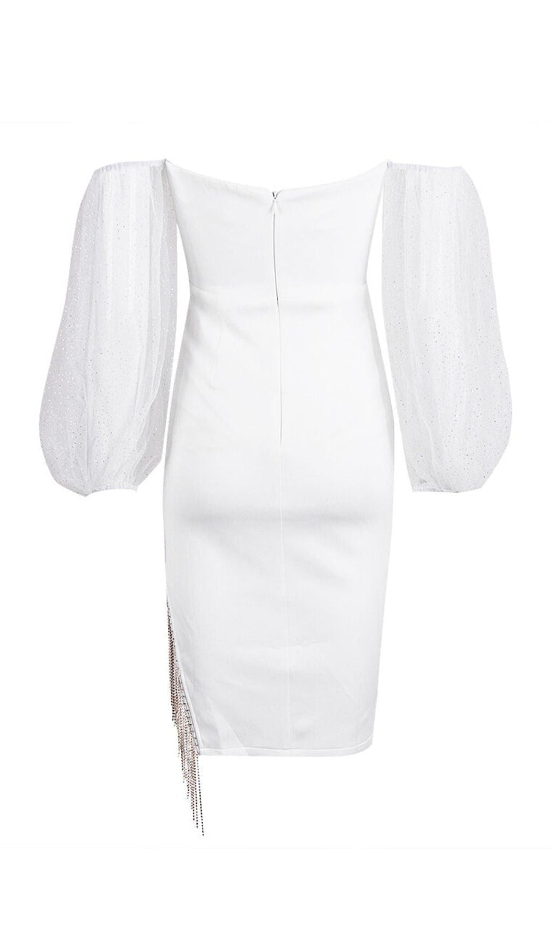 STRAPLESS PUFF SLEEVE CRYSTAL MIDI DRESS IN WHITE