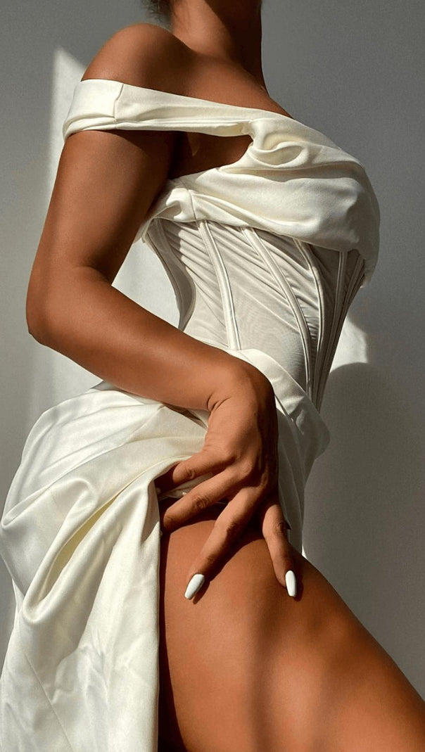 AIIZIE IVORY DRAPE CORSET MIDI DRESS - product image