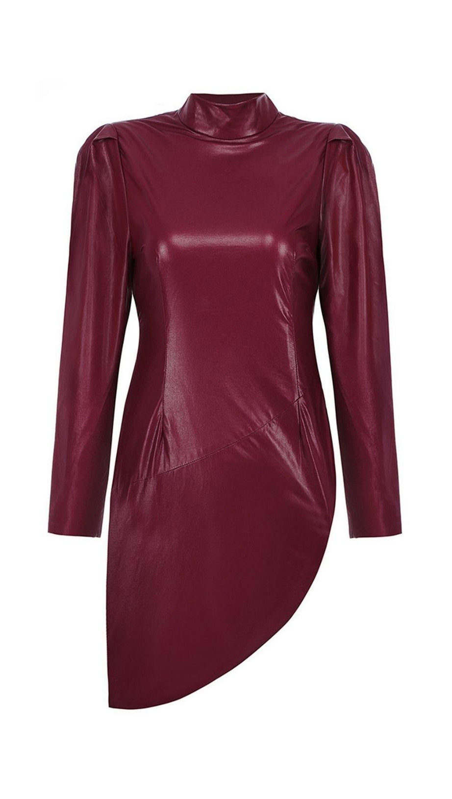 WINE PUFF SLEEVE LEATHER DRESS