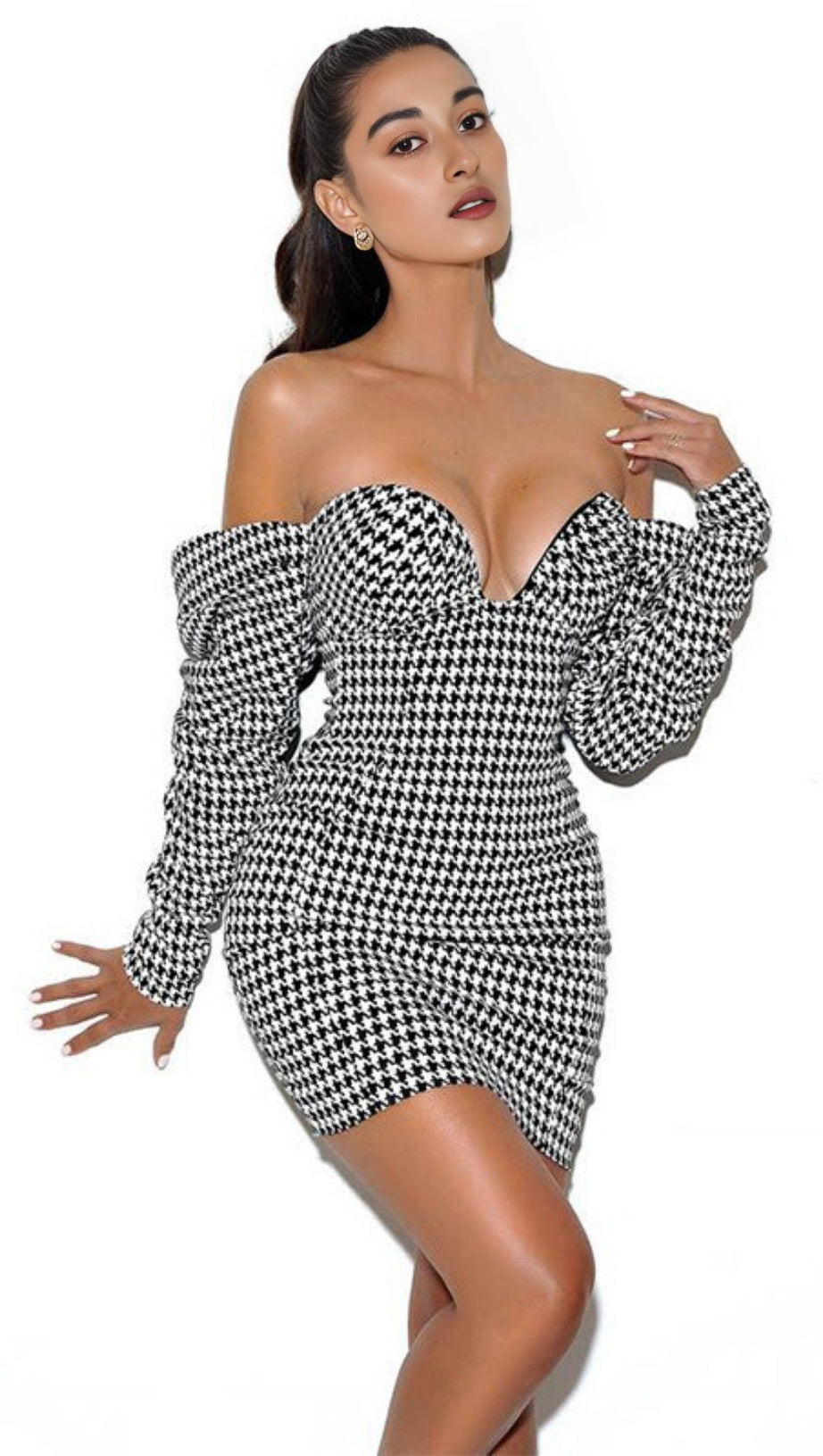 HOUNDSTOOTH WORD SHOULDER WRAP DRESS