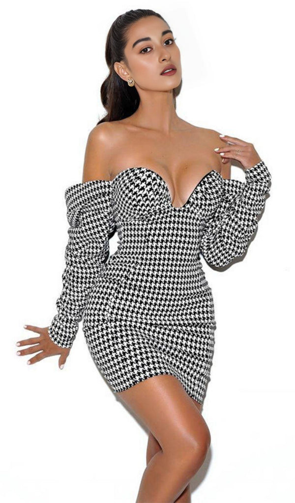 HOUNDSTOOTH WORD SHOULDER WRAP DRESS