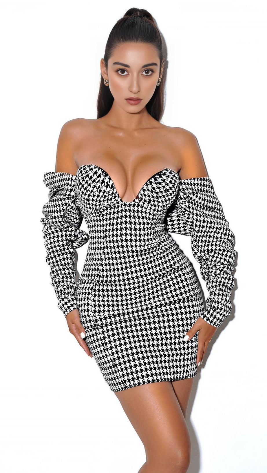 HOUNDSTOOTH WORD SHOULDER WRAP DRESS