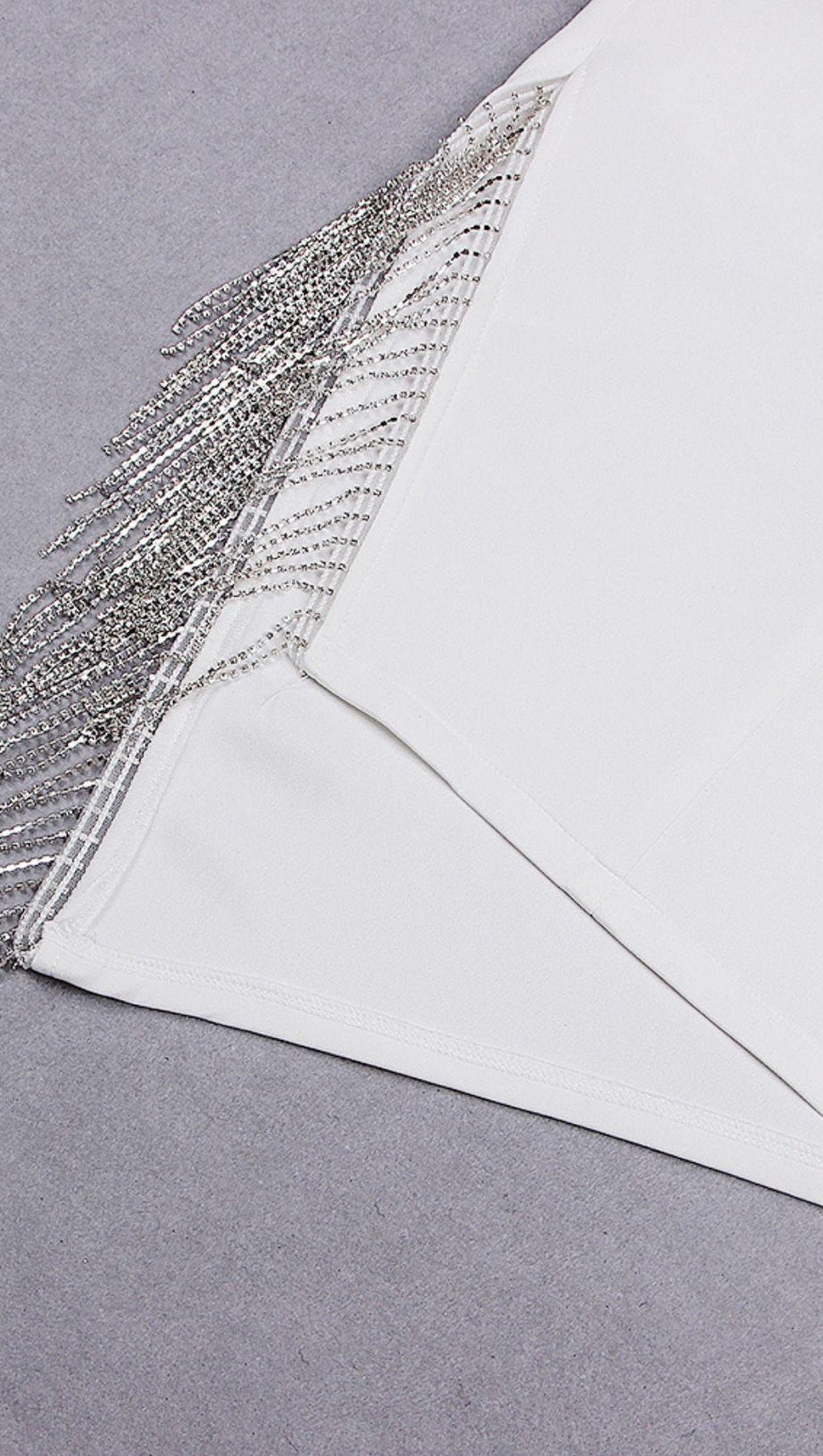 STRAPLESS PUFF SLEEVE CRYSTAL MIDI DRESS IN WHITE