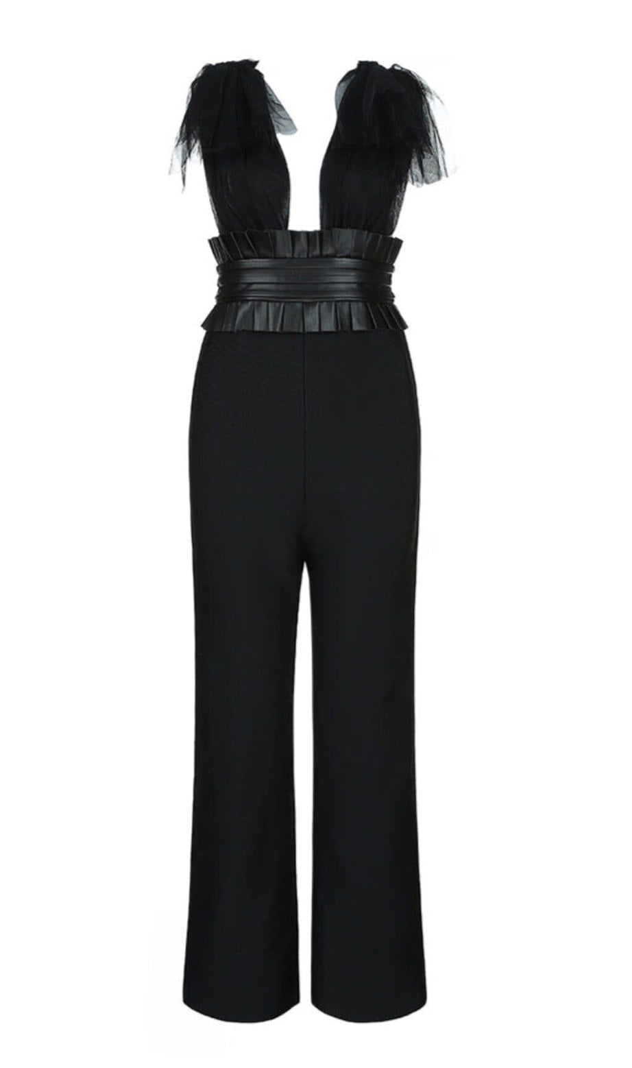 Ärmelloser Jumpsuit mit tiefem V-Ausschnitt, Rückenfrei, Spitze und Schleife aus Netzgewebe