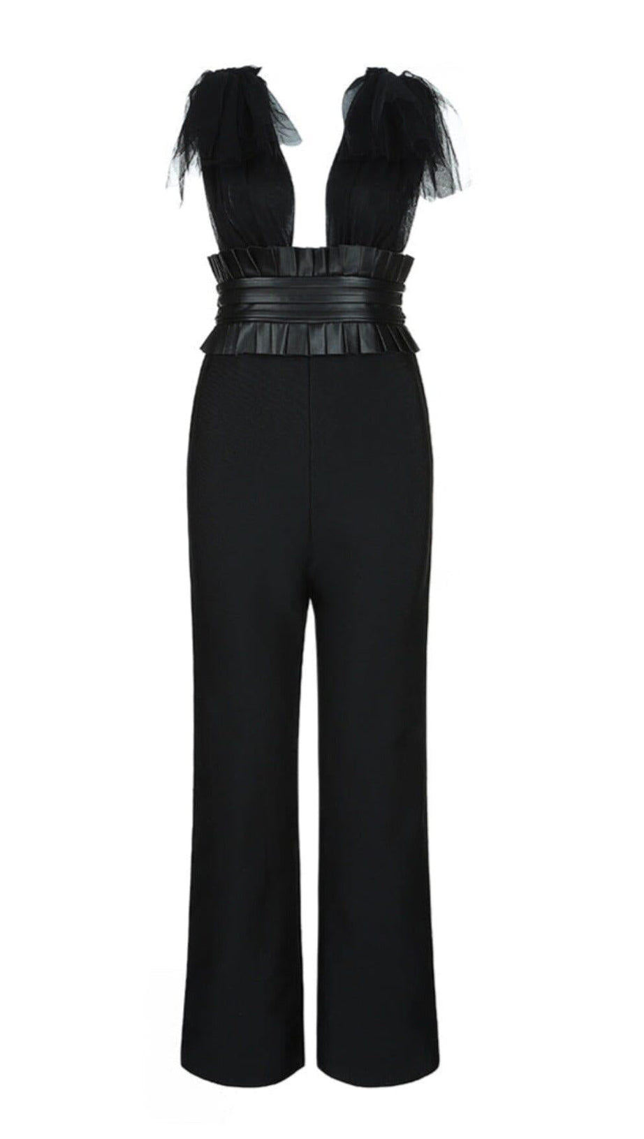 Ärmelloser Jumpsuit mit tiefem V-Ausschnitt, Rückenfrei, Spitze und Schleife aus Netzgewebe