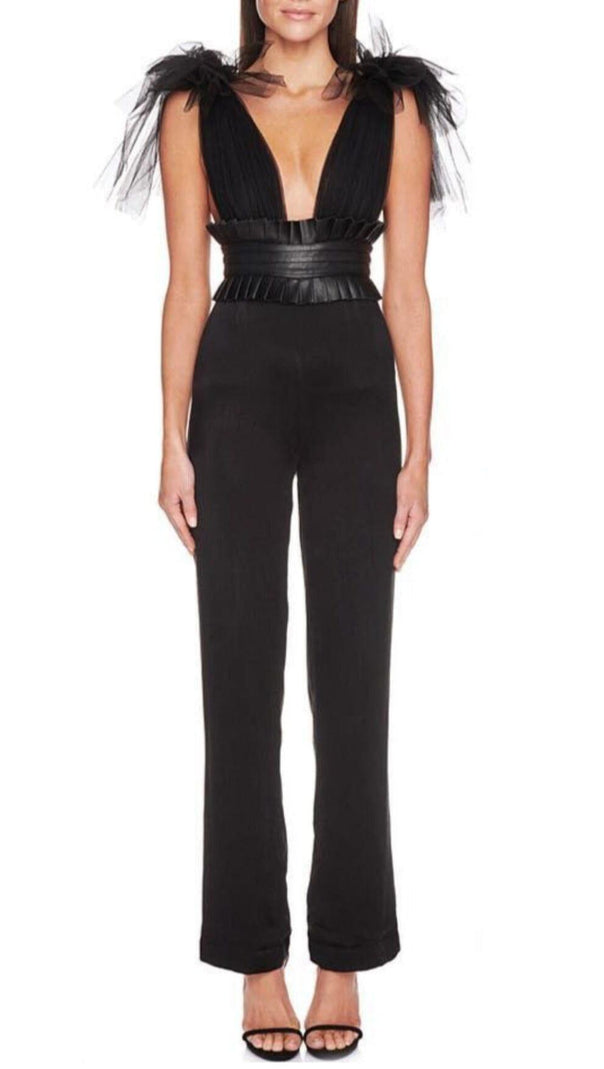 AIIZIE DEEP V NECK SLEEVELESS BACKLESS LACE BOW MESH JUMPSUIT - product image