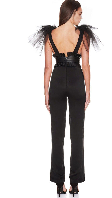 DEEP V NECK SLEEVELESS BACKLESS LACE BOW MESH JUMPSUIT