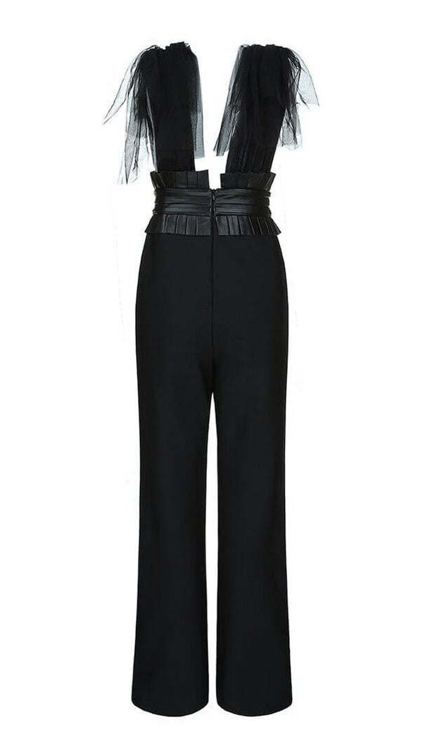 AIIZIE DEEP V NECK SLEEVELESS BACKLESS LACE BOW MESH JUMPSUIT - product image