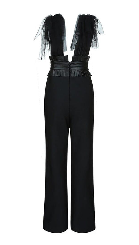 DEEP V NECK SLEEVELESS BACKLESS LACE BOW MESH JUMPSUIT