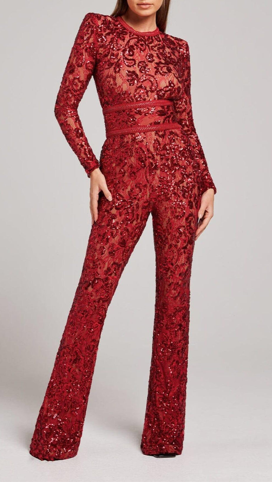 EMBELLISHED LACE RED JUMPSUIT