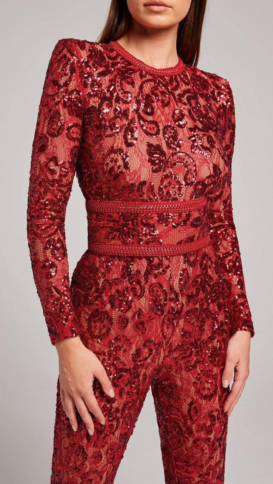 EMBELLISHED LACE RED JUMPSUIT