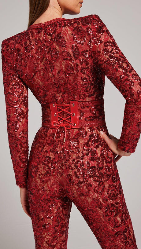 EMBELLISHED LACE RED JUMPSUIT