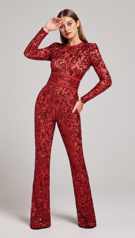 EMBELLISHED LACE RED JUMPSUIT