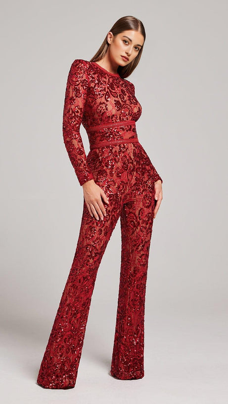 EMBELLISHED LACE RED JUMPSUIT