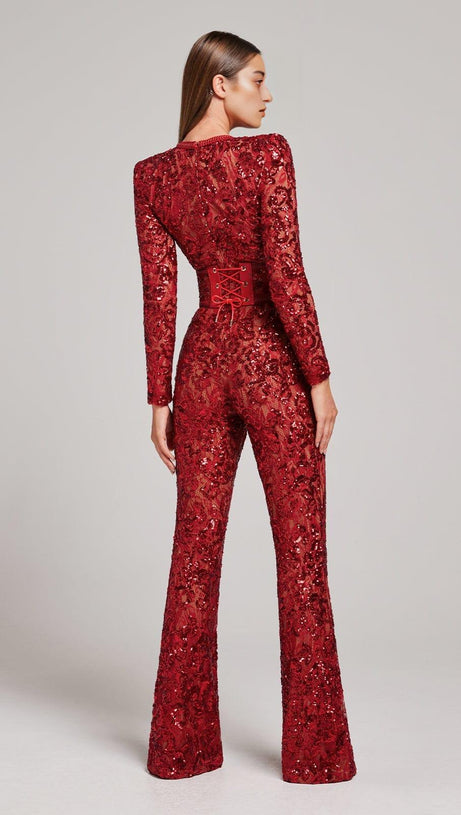 EMBELLISHED LACE RED JUMPSUIT