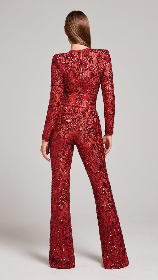 AIIZIE EMBELLISHED LACE RED JUMPSUIT - product image