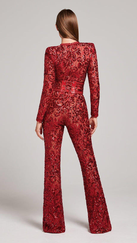 EMBELLISHED LACE RED JUMPSUIT