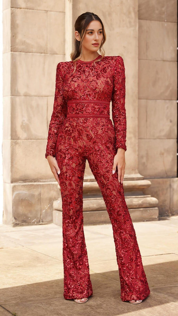 AIIZIE EMBELLISHED LACE RED JUMPSUIT - product image