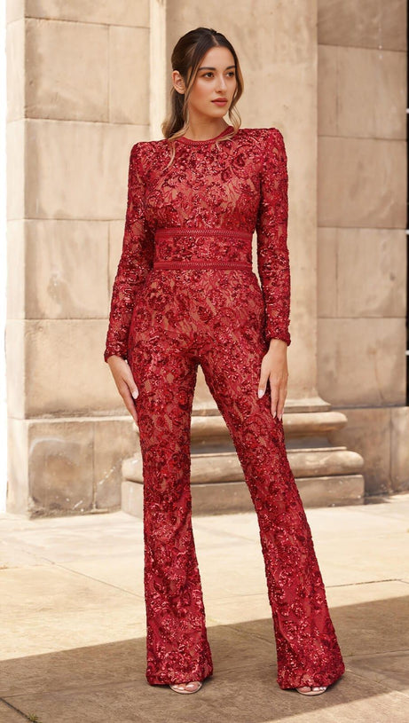 EMBELLISHED LACE RED JUMPSUIT