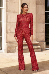 Embellished Lace Red Jumpsuit