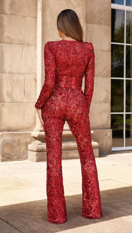 EMBELLISHED LACE RED JUMPSUIT