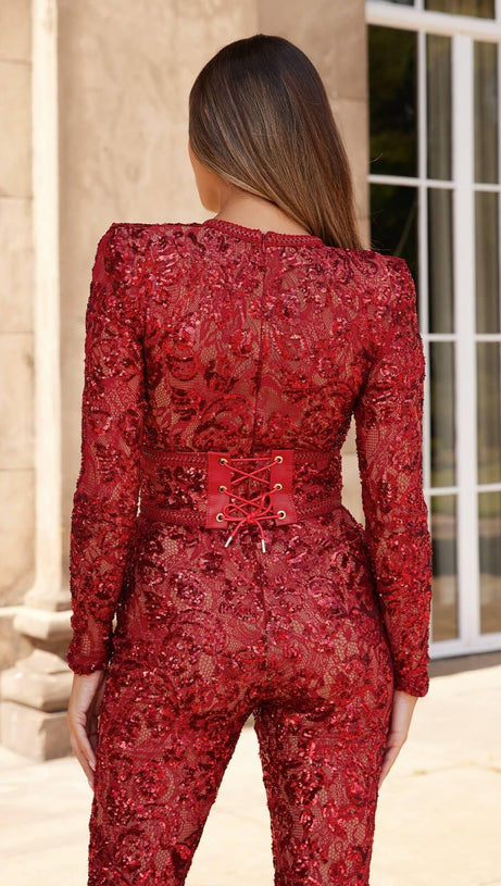 EMBELLISHED LACE RED JUMPSUIT