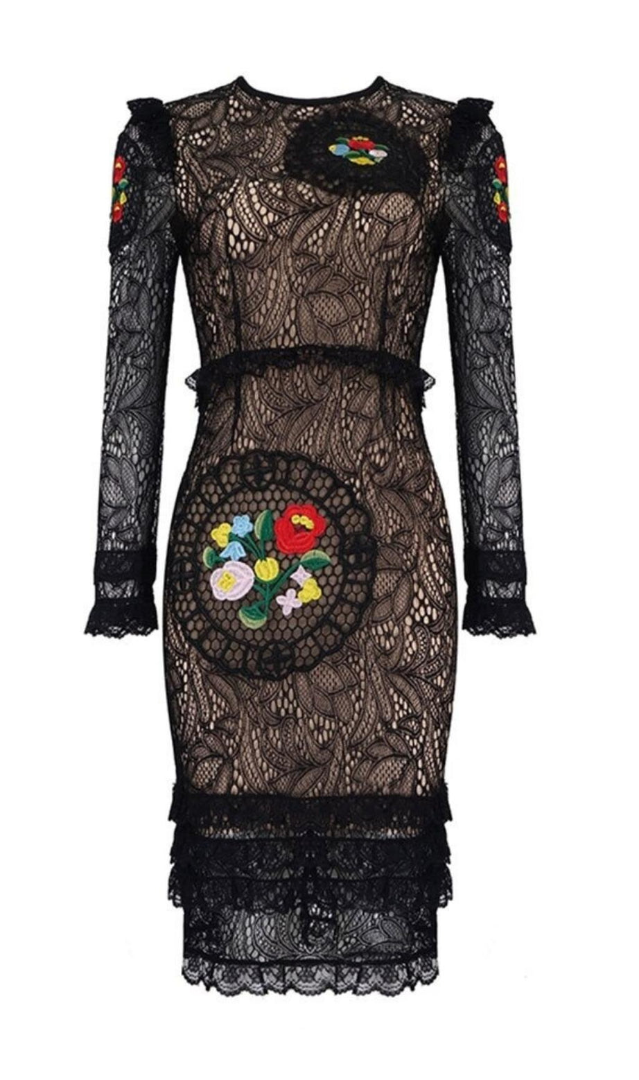 Langärmliges Spitzen-Minikleid mit Blumenmuster in Schwarz