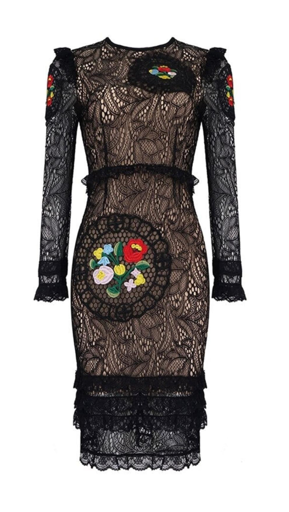 FLOWER LONG SLEEVE LACE MINI DRESS IN BLACK