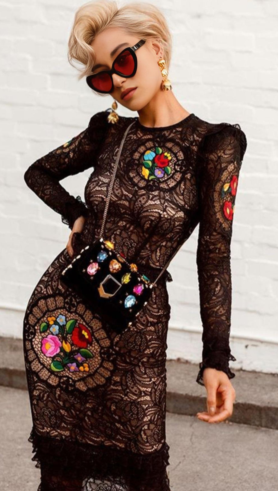 FLOWER LONG SLEEVE LACE MINI DRESS IN BLACK