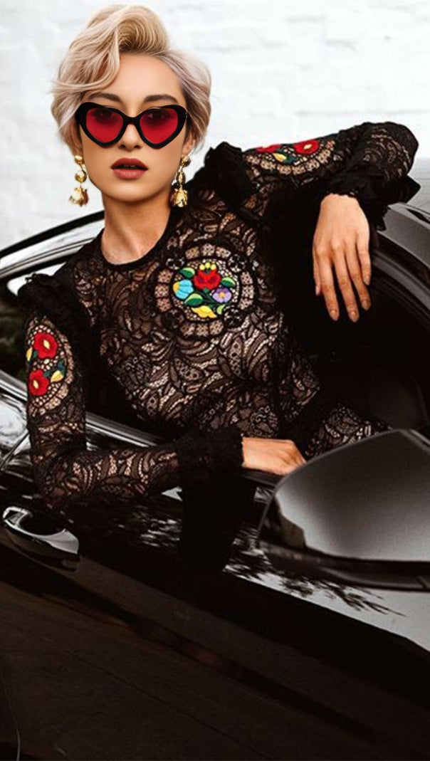 AIIZIE FLOWER LONG SLEEVE LACE MINI DRESS IN BLACK - product image