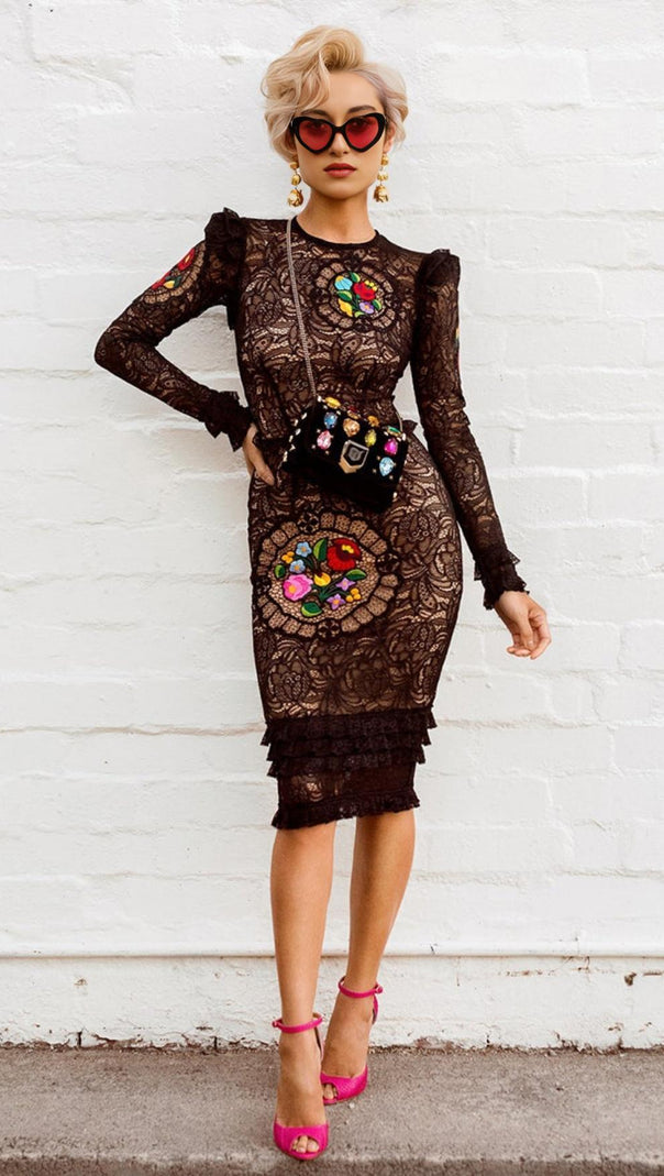 AIIZIE FLOWER LONG SLEEVE LACE MINI DRESS IN BLACK - product image