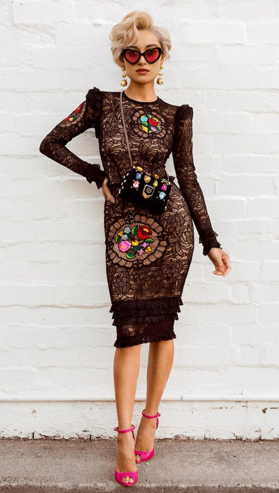 FLOWER LONG SLEEVE LACE MINI DRESS IN BLACK