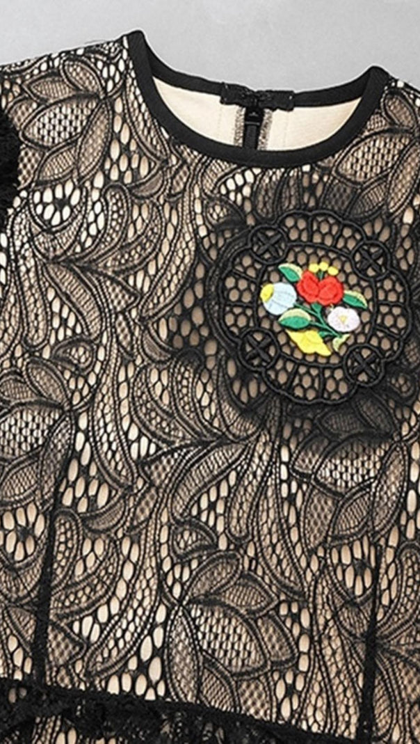 AIIZIE FLOWER LONG SLEEVE LACE MINI DRESS IN BLACK - product image