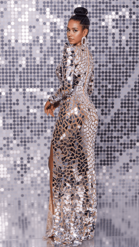 KELLAN LONG SLEEVE EMBELLISHED SPLIT MAXI DRESS