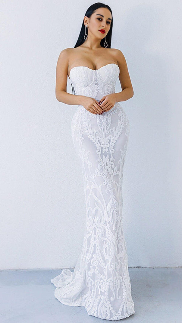 AIIZIE WHITE SEQUIN LACE STRAPLESS MAXI DRESS - product image