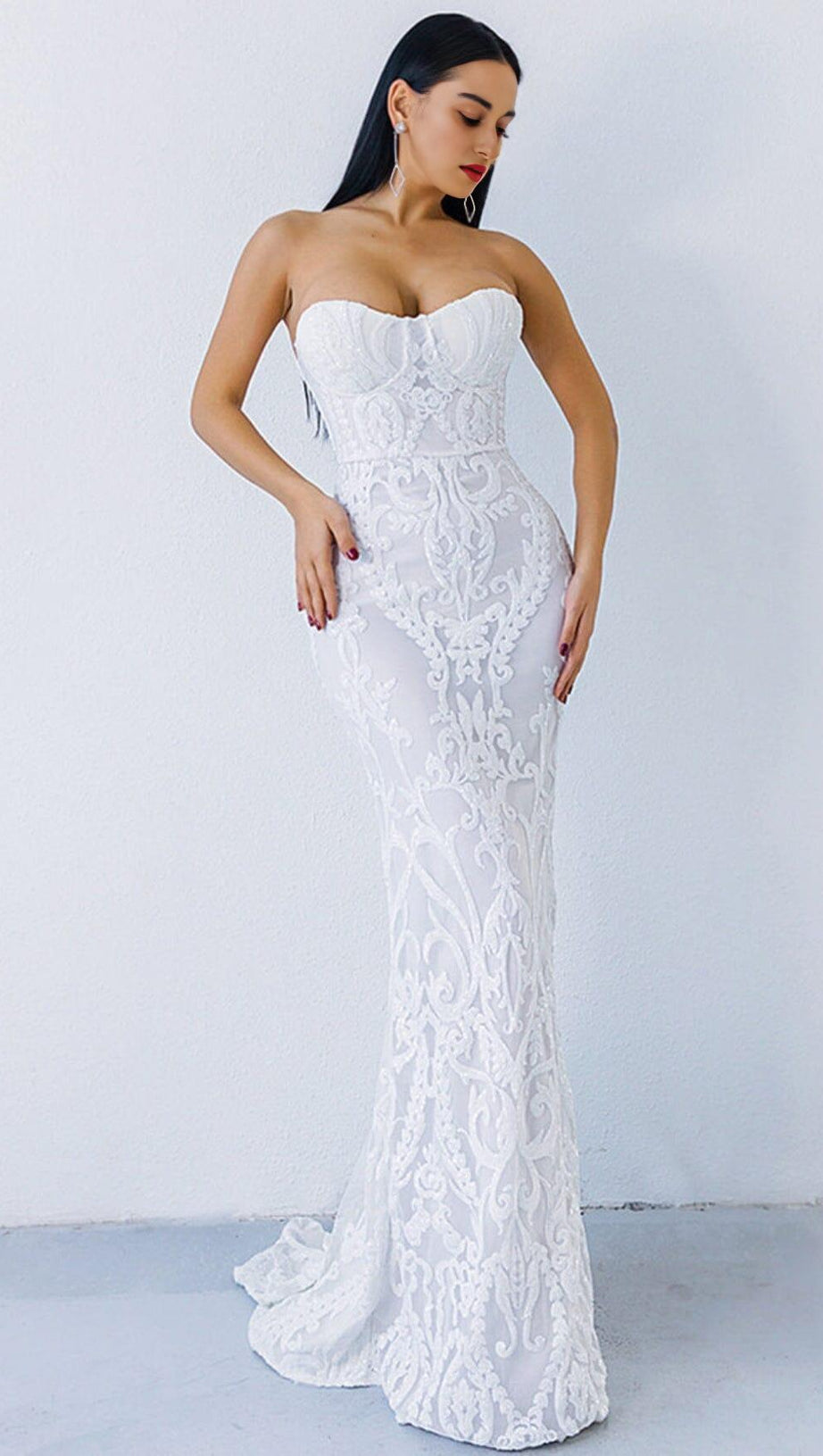 WHITE SEQUIN LACE STRAPLESS MAXI DRESS