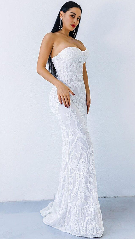 WHITE SEQUIN LACE STRAPLESS MAXI DRESS