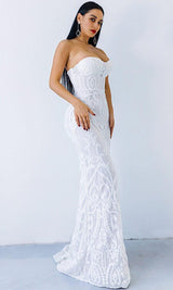 WHITE SEQUIN LACE STRAPLESS MAXI DRESS