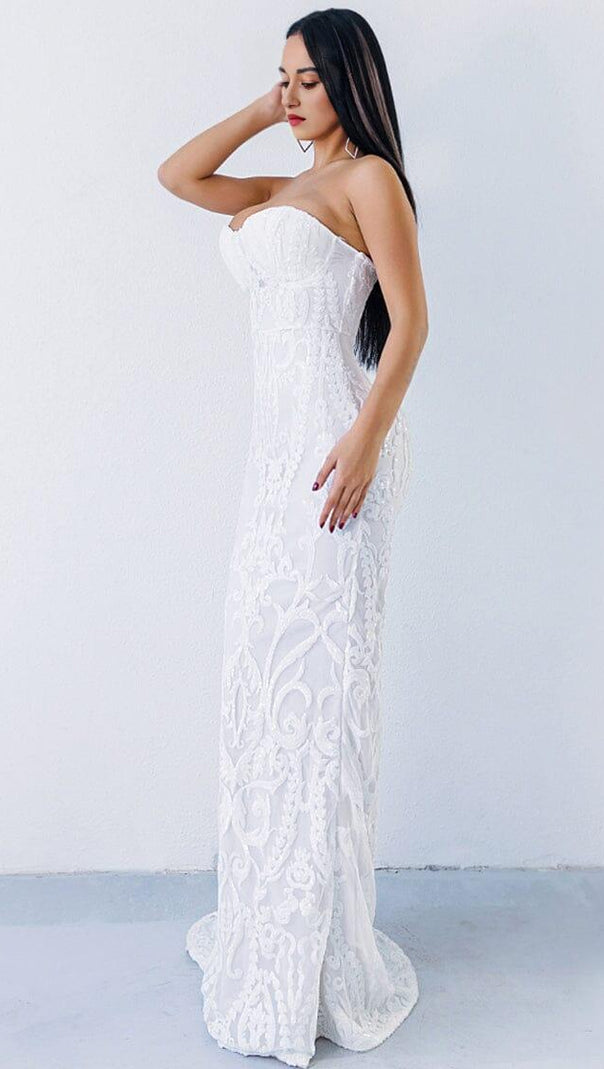 AIIZIE WHITE SEQUIN LACE STRAPLESS MAXI DRESS - product image
