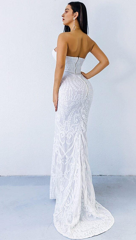 WHITE SEQUIN LACE STRAPLESS MAXI DRESS