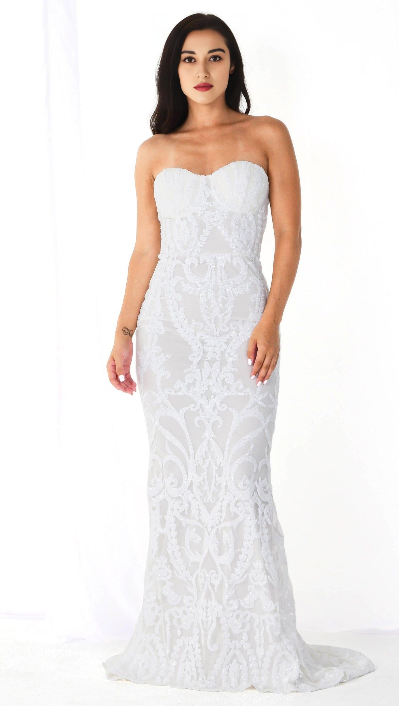 WHITE SEQUIN LACE STRAPLESS MAXI DRESS