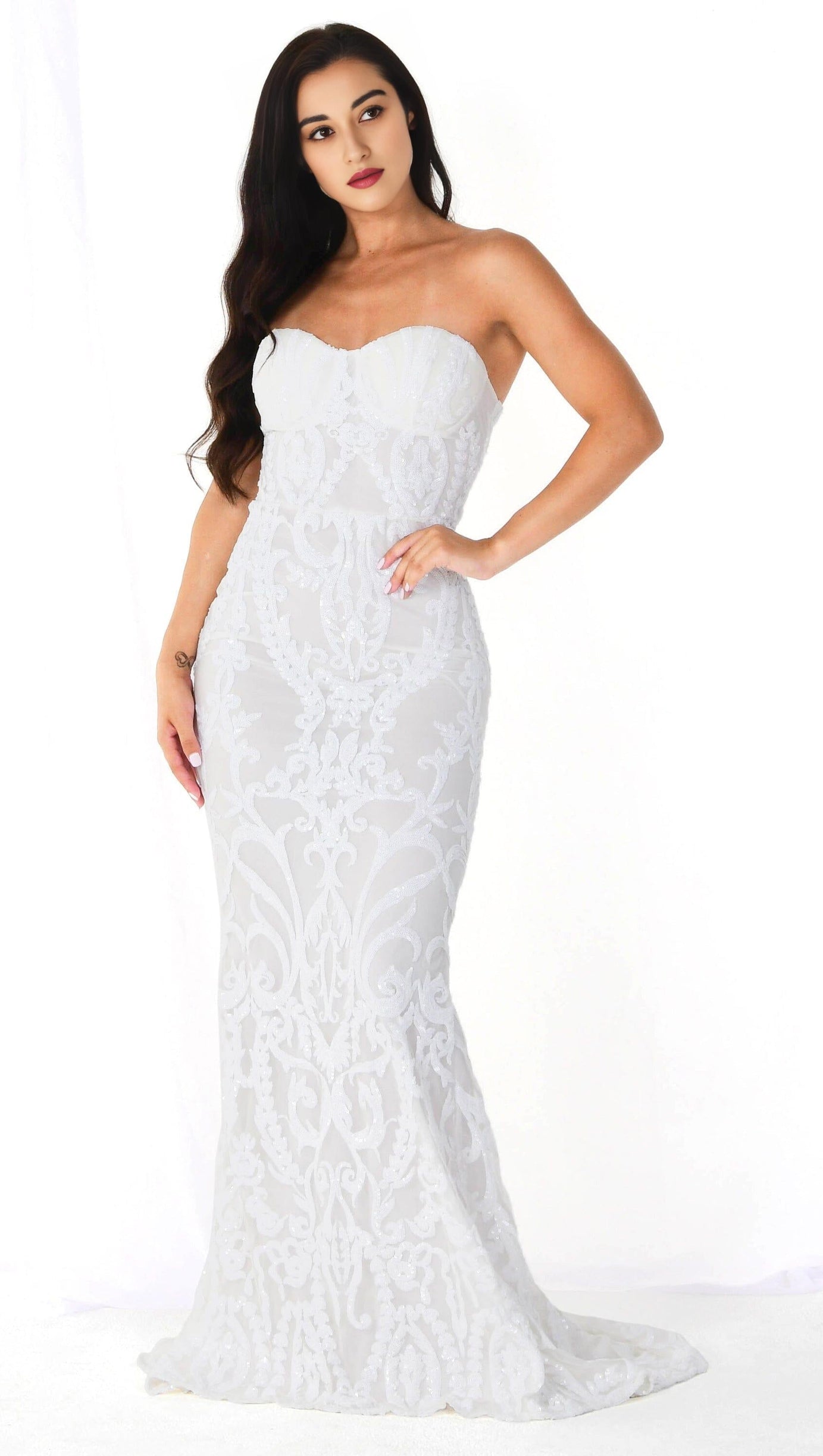 WHITE SEQUIN LACE STRAPLESS MAXI DRESS