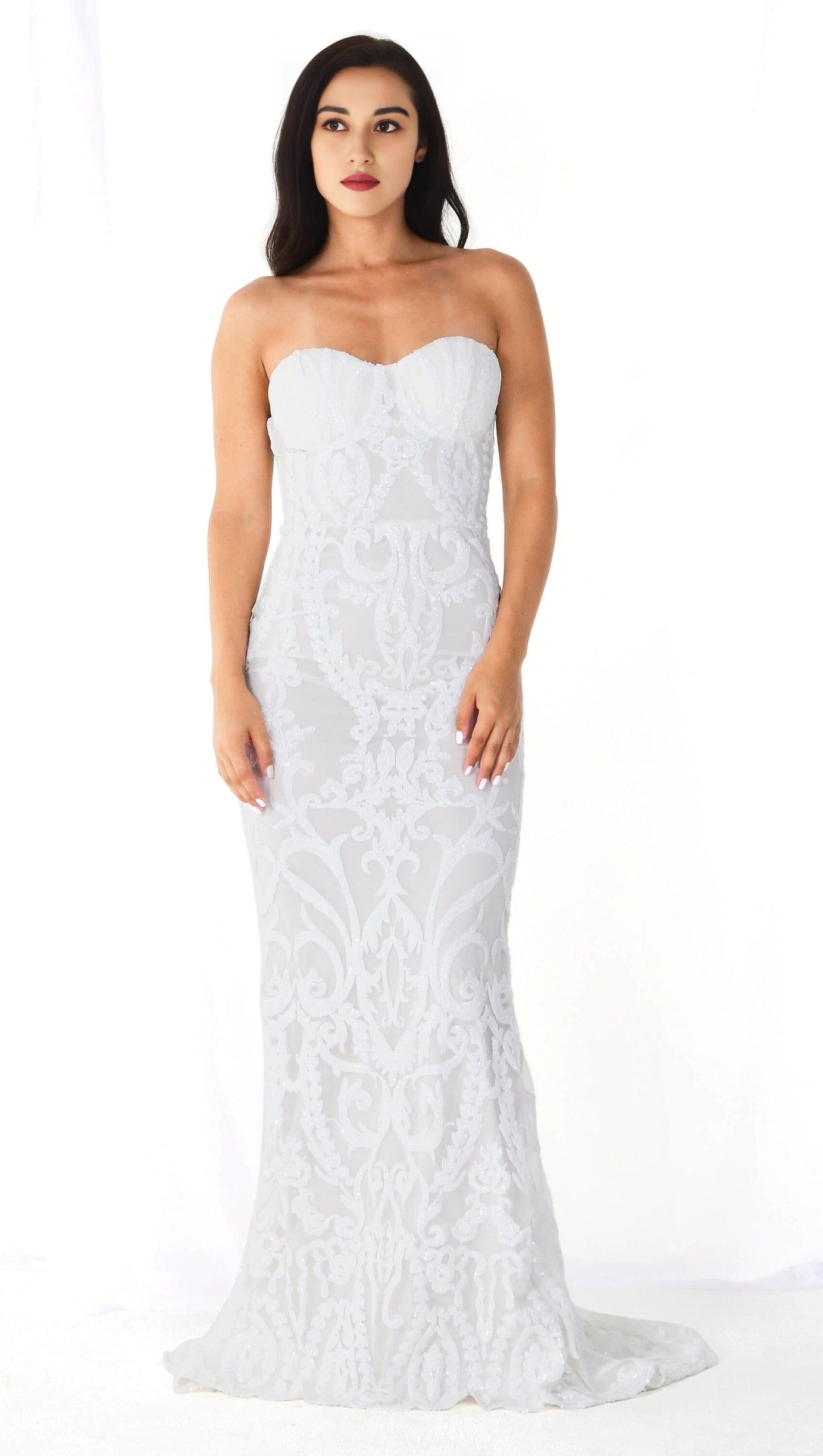 WHITE SEQUIN LACE STRAPLESS MAXI DRESS