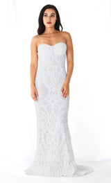 WHITE SEQUIN LACE STRAPLESS MAXI DRESS