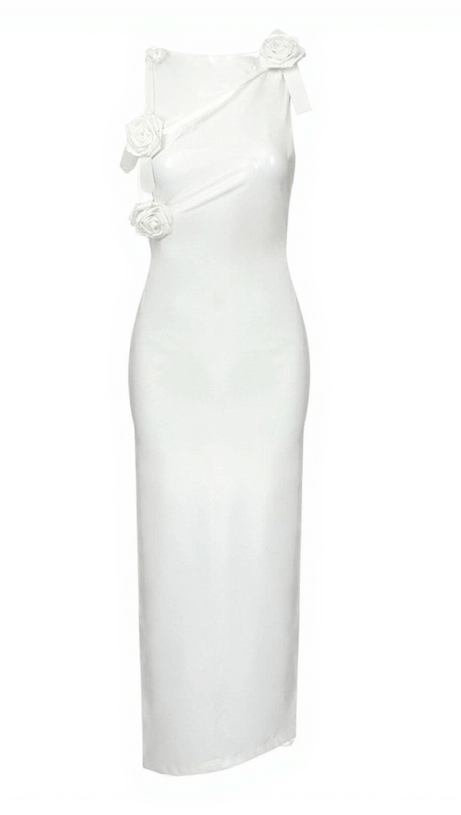 HECATE CUTOUT LATEX SPLIT MAXI DRESS IN WHITE
