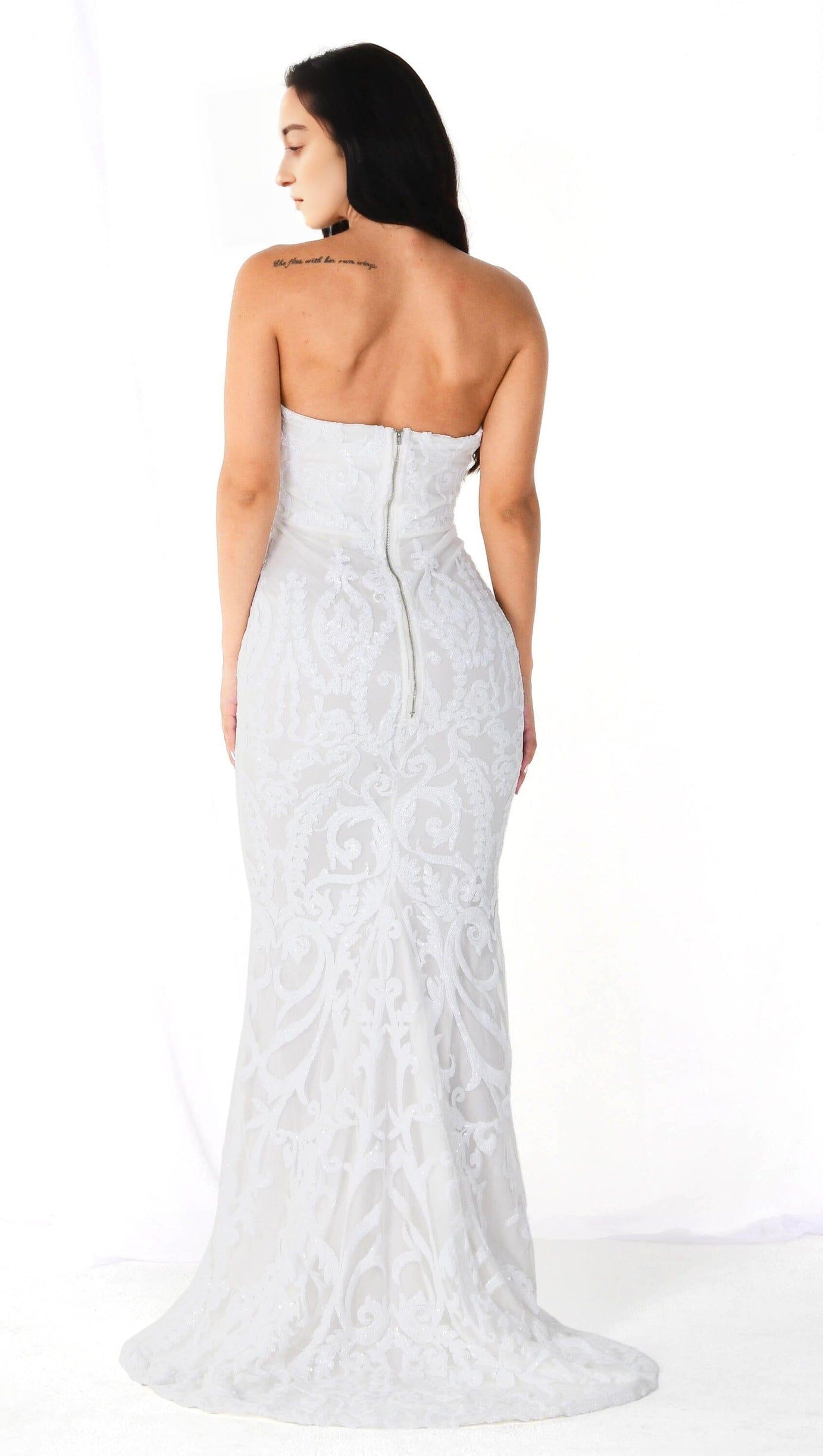 WHITE SEQUIN LACE STRAPLESS MAXI DRESS