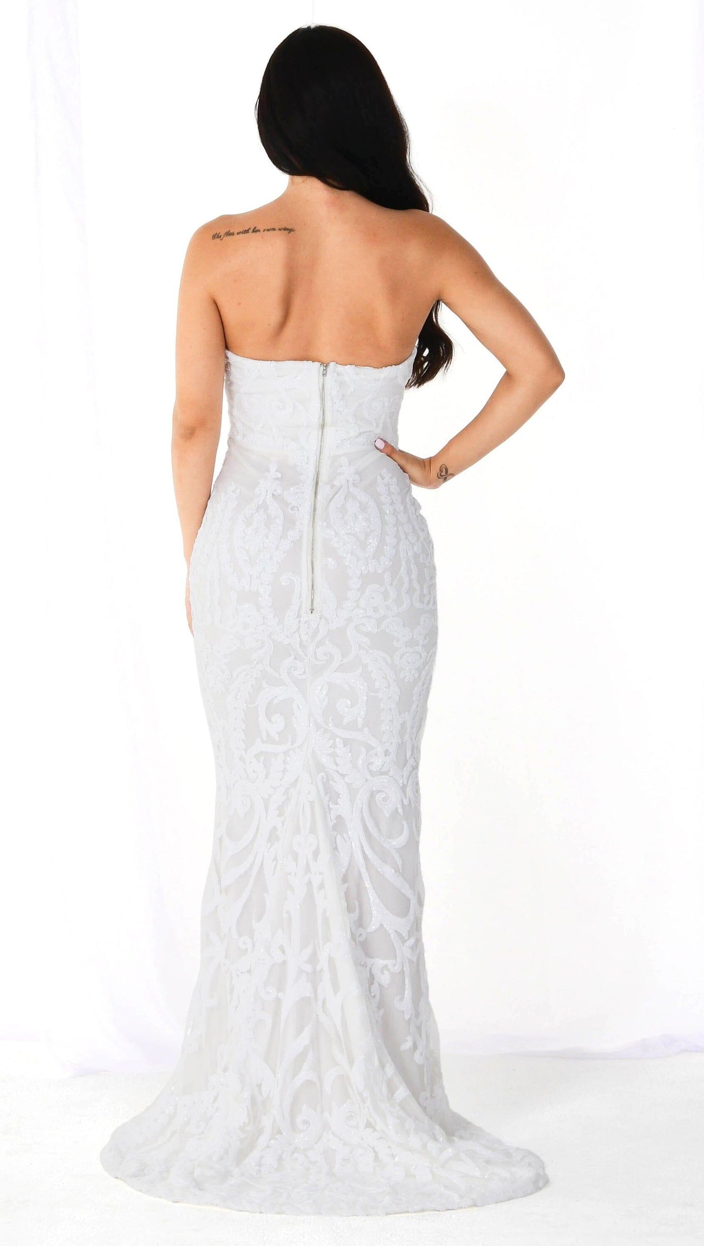 WHITE SEQUIN LACE STRAPLESS MAXI DRESS
