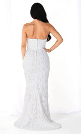 WHITE SEQUIN LACE STRAPLESS MAXI DRESS